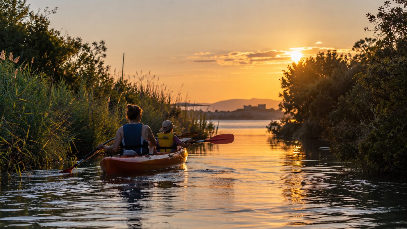 Kayak au coucher de soleil sur le Bourdigou depuis la base nautique du Parroudé