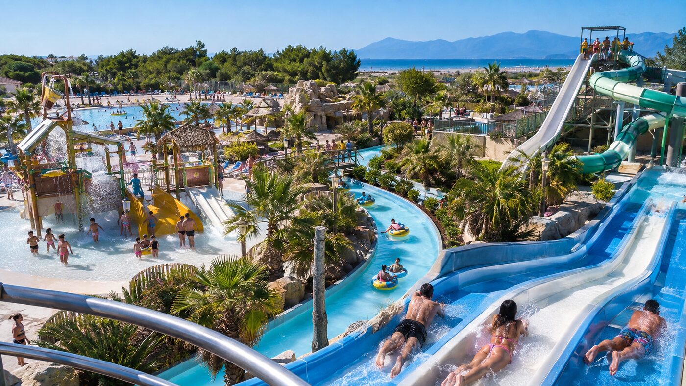 Parc aquatique Frenzy Waterpark à Torreilles avec toboggans et rivière tropicale