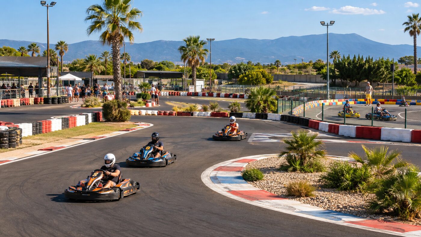 Karts sur le circuit du karting de Torreilles au pied des Albères