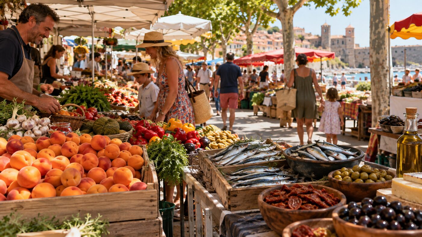 Étal de fruits, poissons et olives sur un marché catalan proche de Torreilles