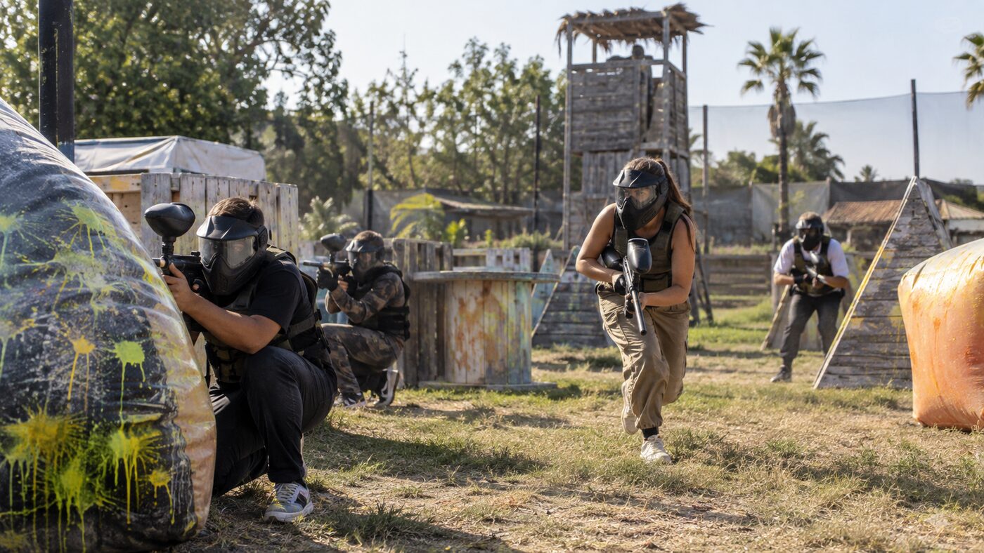 Partie de paintball entre amis sur le terrain du Paintball Factory à Torreilles