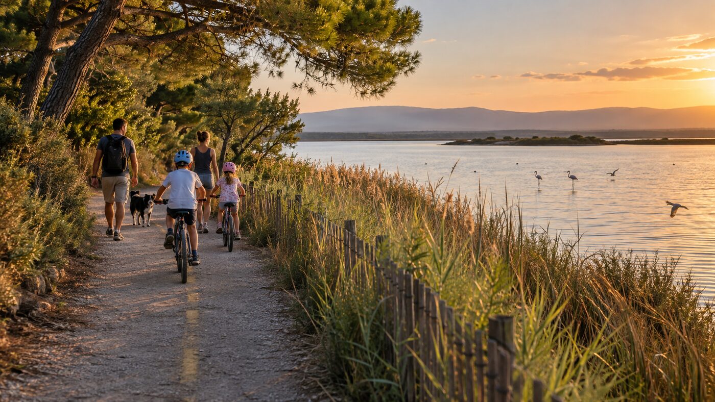 Famille à vélo sur le Sentier du Pêcheur au bord de l’étang de Leucate